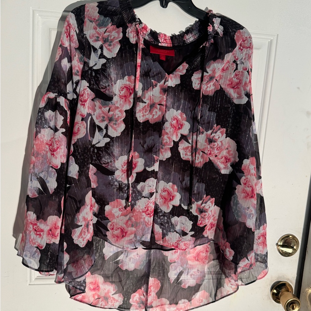 Sheer Black Floral Blouse with Pink Bloom Print